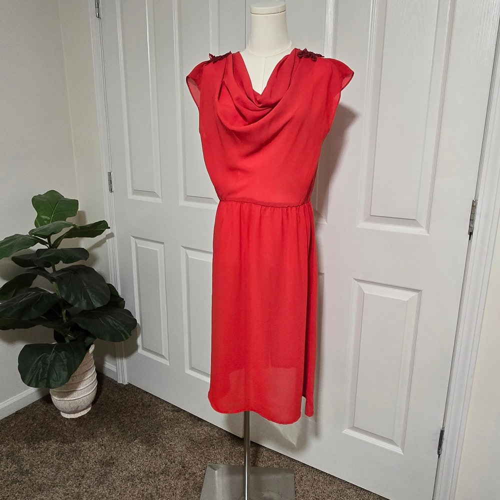 Vivian's Collection Dress Womens‎ 9 Red Cowl Neck Beaded Shoulder Midi Vintage